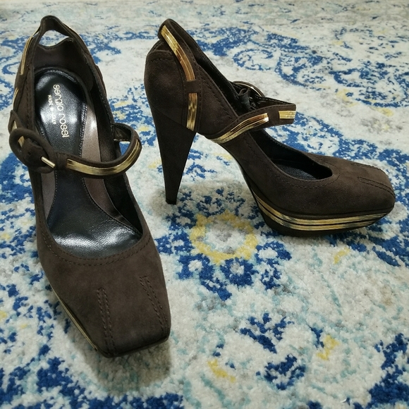Sergio Rossi Shoes - Sergio Rossi Brown Suede Platform Pump Gold Chain
